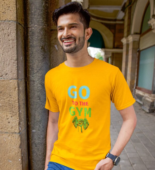 Go To The Gym Yellow Round Neck Cotton Half Sleeved Men's T-Shirt with Printed Graphics - Image 2