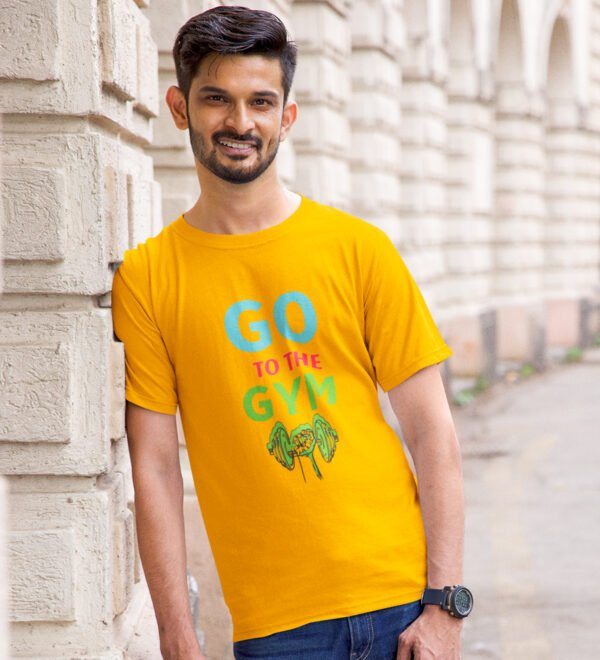 Go To The Gym Yellow Round Neck Cotton Half Sleeved Men's T-Shirt with Printed Graphics - Image 3