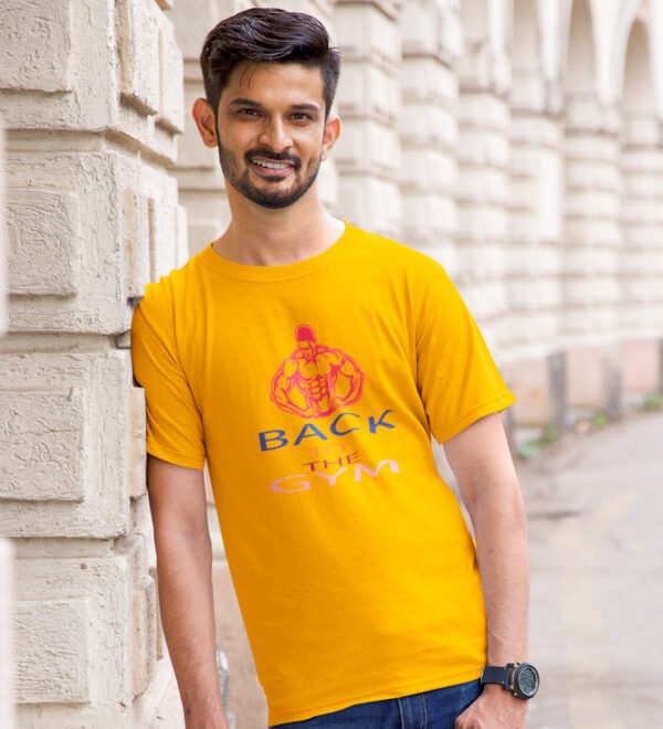 Back To The Gym Yellow Round Neck Cotton Half Sleeved Men's T-Shirt with Printed Graphics - Image 2