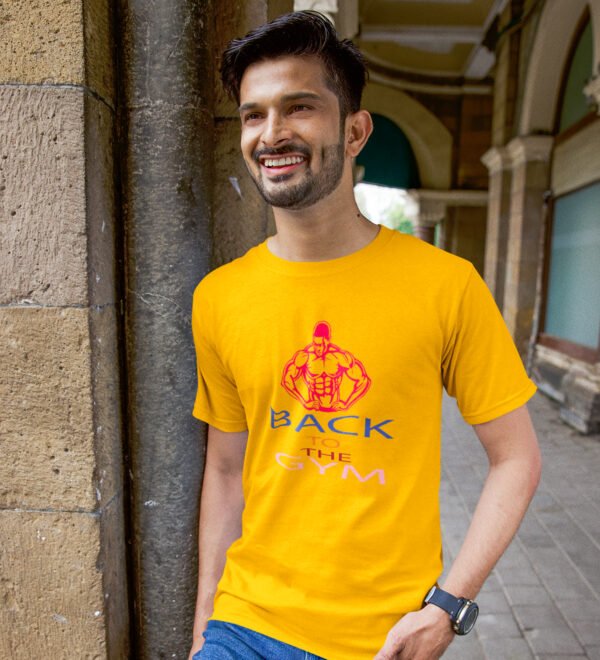 Back To The Gym Yellow Round Neck Cotton Half Sleeved Men's T-Shirt with Printed Graphics - Image 3