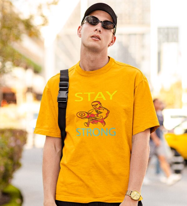 Stay Strong, (BG Yellow and Blue) Yellow Round Neck Cotton Half Sleeved Men's T-Shirt with Printed Graphics - Image 2