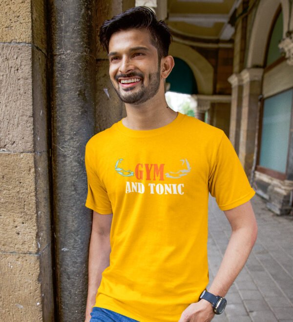 Gym and Tonic Yellow Round Neck Cotton Half Sleeved Men's T-Shirt with Printed Graphics - Image 2
