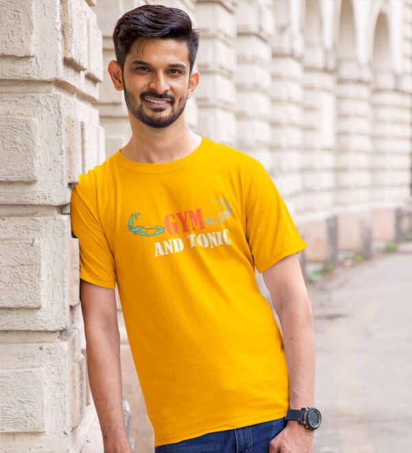 Gym and Tonic Yellow Round Neck Cotton Half Sleeved Men's T-Shirt with Printed Graphics - Image 3