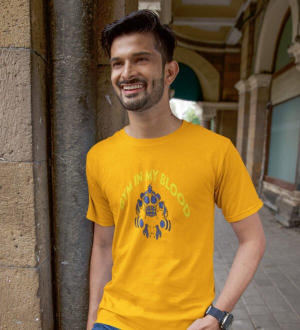 Gym In My Blood Yellow Round Neck Cotton Half Sleeved Men's T-Shirt with Printed Graphics - Image 2