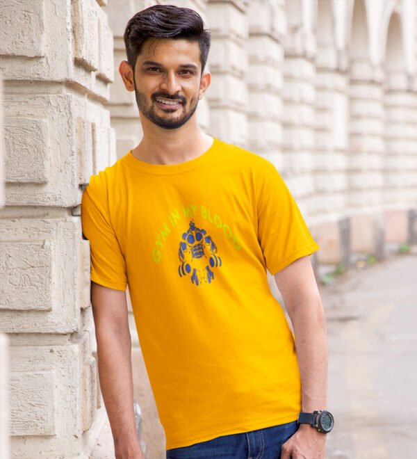 Gym In My Blood Yellow Round Neck Cotton Half Sleeved Men's T-Shirt with Printed Graphics - Image 3
