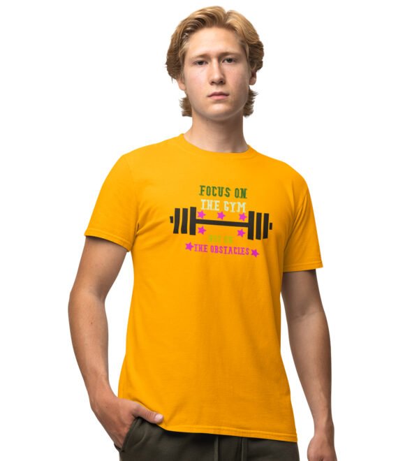 Focus On The Gym, Not On The Obstacles Yellow Round Neck Cotton Half Sleeved Men's T-Shirt with Printed Graphics