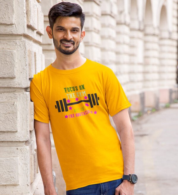 Focus On The Gym, Not On The Obstacles Yellow Round Neck Cotton Half Sleeved Men's T-Shirt with Printed Graphics - Image 3