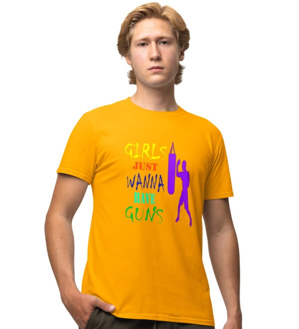 Girls Just Wanna Have Guns Yellow Round Neck Cotton Half Sleeved Men's T-Shirt with Printed Graphics