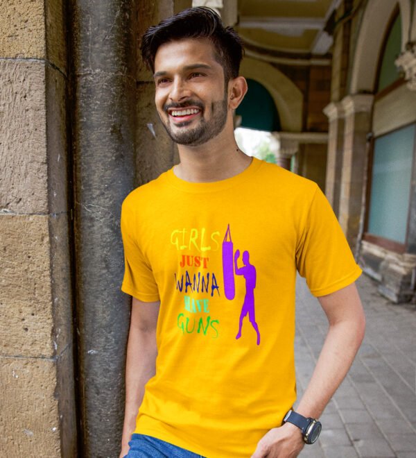 Girls Just Wanna Have Guns Yellow Round Neck Cotton Half Sleeved Men's T-Shirt with Printed Graphics - Image 2