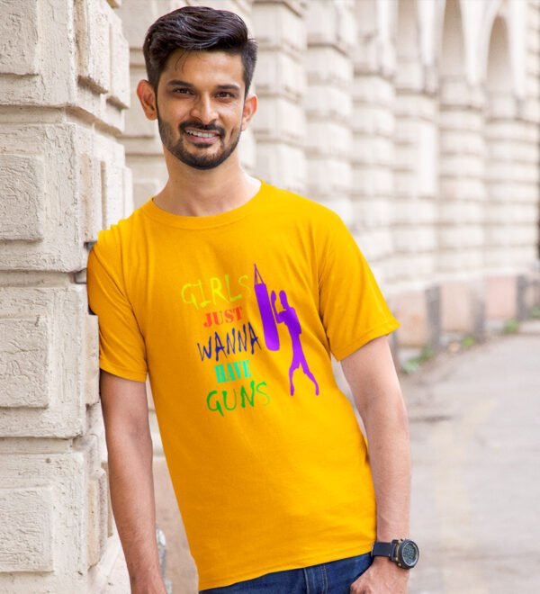 Girls Just Wanna Have Guns Yellow Round Neck Cotton Half Sleeved Men's T-Shirt with Printed Graphics - Image 3