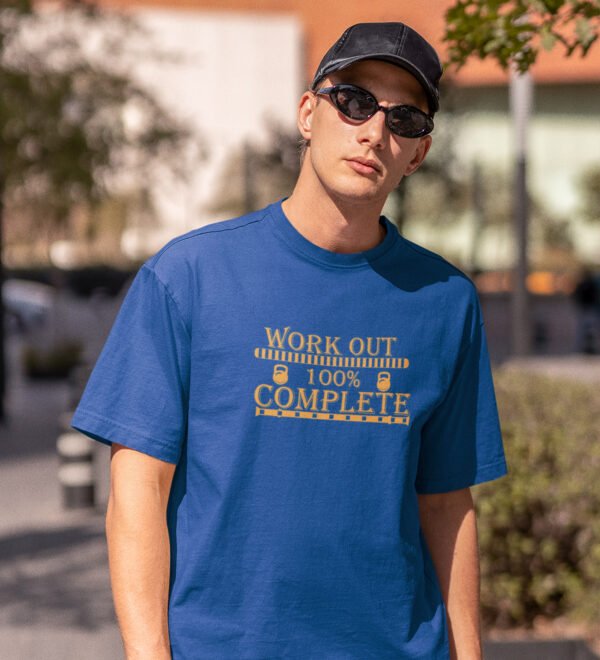 Workout 100% Blue Round Neck Cotton Half Sleeved Men's T-Shirt with Printed Graphics - Image 2