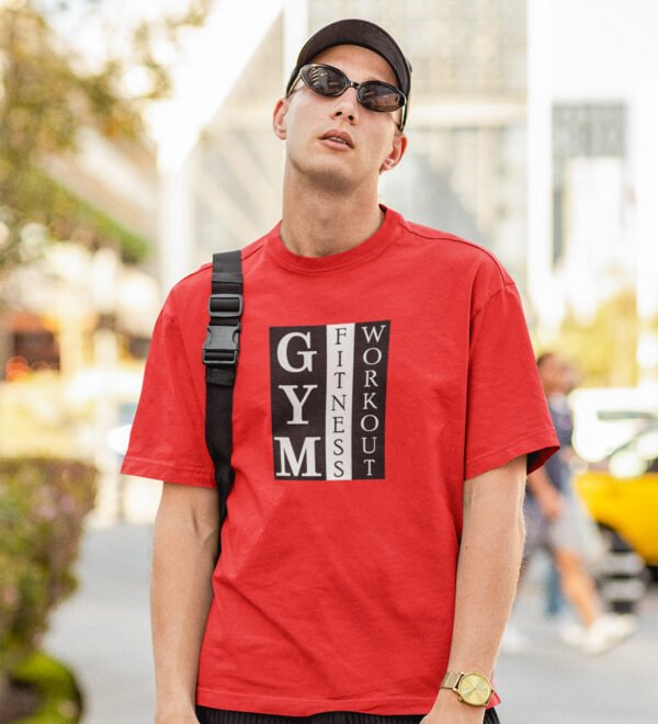 Gym Fitness Workout Red Round Neck Cotton Half Sleeved Men's T-Shirt with Printed Graphics - Image 2
