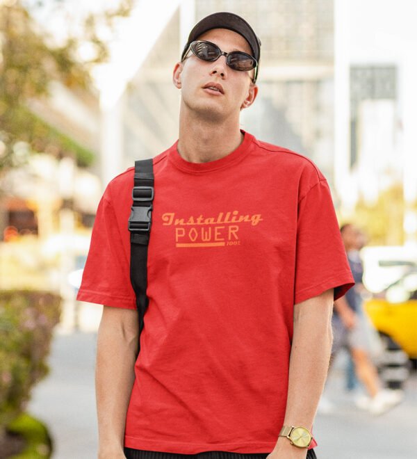 Installing Power 100% Red Round Neck Cotton Half Sleeved Men's T-Shirt with Printed Graphics - Image 3