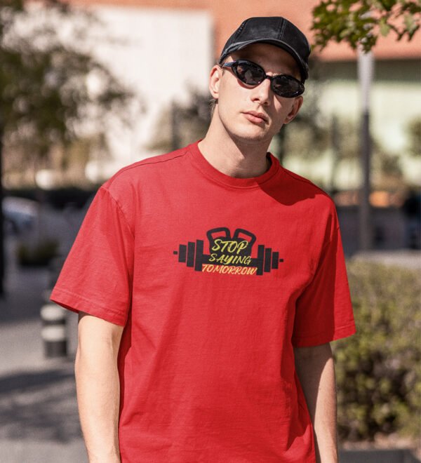Stop Saying Tomorrow In Bar Red Round Neck Cotton Half Sleeved Men's T-Shirt with Printed Graphics - Image 3