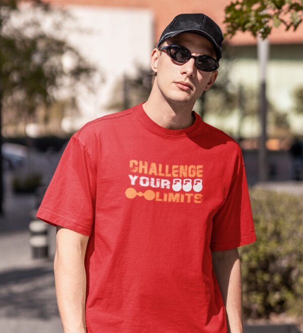 Challenge Your Limits Red Round Neck Cotton Half Sleeved Men's T-Shirt with Printed Graphics - Image 2