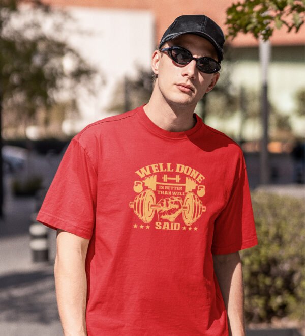 Welldone Is Better Red Round Neck Cotton Half Sleeved Men's T-Shirt with Printed Graphics - Image 2