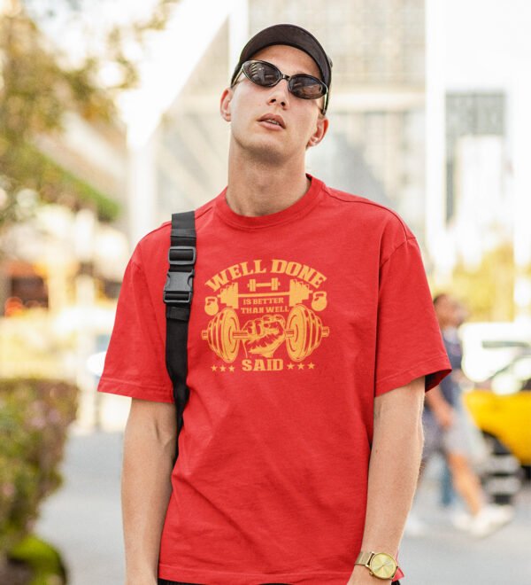 Welldone Is Better Red Round Neck Cotton Half Sleeved Men's T-Shirt with Printed Graphics - Image 3