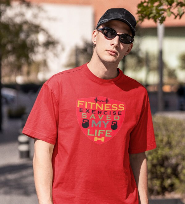 Fitness Exercise Saved My Life Red Round Neck Cotton Half Sleeved Men's T-Shirt with Printed Graphics - Image 2