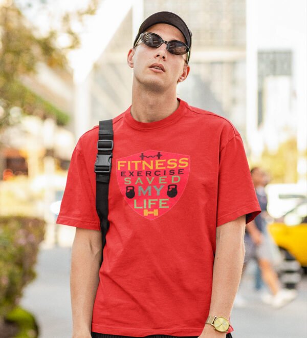 Fitness Exercise Saved My Life Red Round Neck Cotton Half Sleeved Men's T-Shirt with Printed Graphics - Image 3