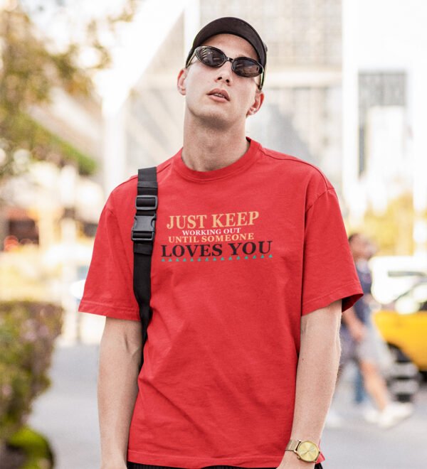 Keep Working Out Red Round Neck Cotton Half Sleeved Men's T-Shirt with Printed Graphics - Image 2