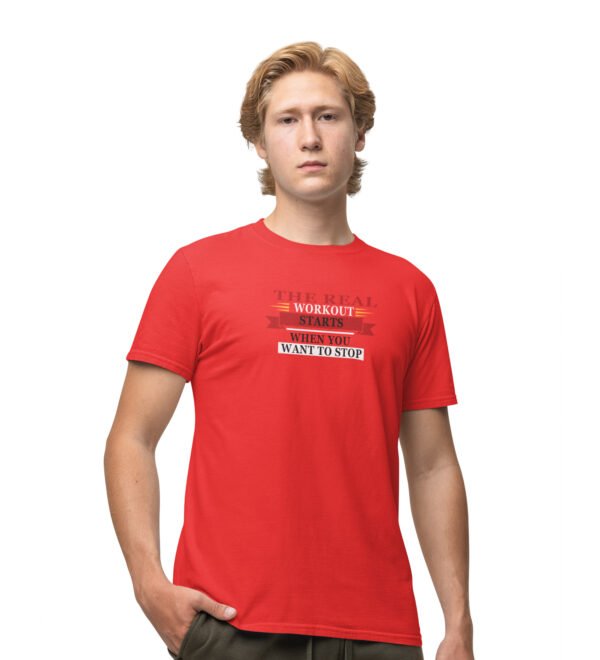 Real Workout Starts Red Round Neck Cotton Half Sleeved Men's T-Shirt with Printed Graphics