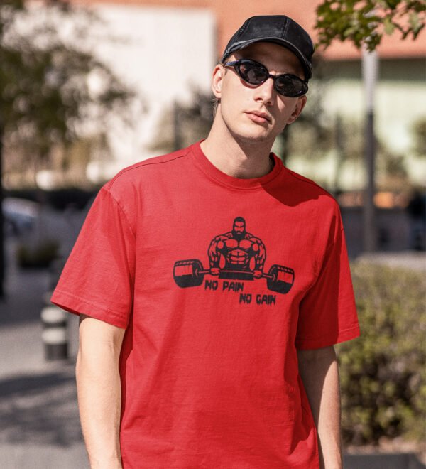 No Pain No Gain Red Round Neck Cotton Half Sleeved Men's T-Shirt with Printed Graphics - Image 2