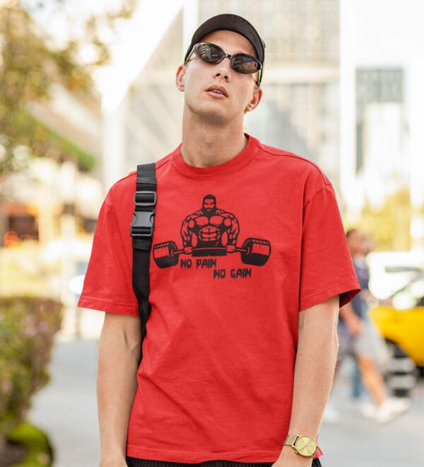 No Pain No Gain Red Round Neck Cotton Half Sleeved Men's T-Shirt with Printed Graphics - Image 3