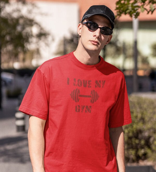 I Love My Gym (BG Cherry) Red Round Neck Cotton Half Sleeved Men's T-Shirt with Printed Graphics - Image 2