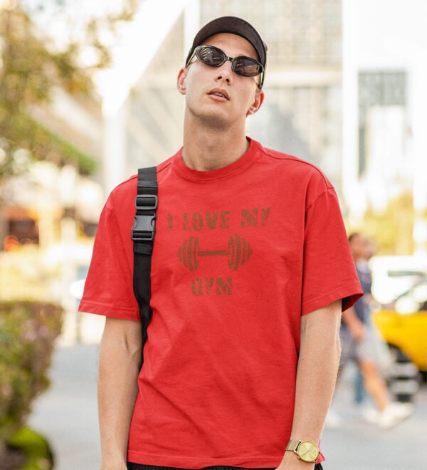 I Love My Gym (BG Cherry) Red Round Neck Cotton Half Sleeved Men's T-Shirt with Printed Graphics - Image 3