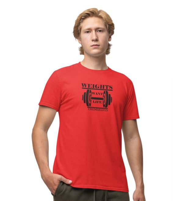 Weights Want Life Themselves Red Round Neck Cotton Half Sleeved Men's T-Shirt with Printed Graphics