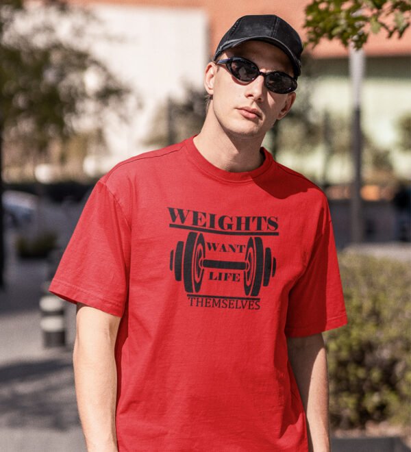Weights Want Life Themselves Red Round Neck Cotton Half Sleeved Men's T-Shirt with Printed Graphics - Image 2