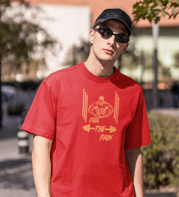Feel The Pain Red Round Neck Cotton Half Sleeved Men's T-Shirt with Printed Graphics - Image 2