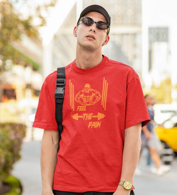 Feel The Pain Red Round Neck Cotton Half Sleeved Men's T-Shirt with Printed Graphics - Image 3