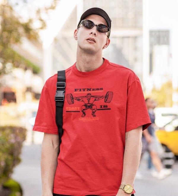 Sport Is Strong And Beautiful Red Round Neck Cotton Half Sleeved Men's T-Shirt with Printed Graphics - Image 2