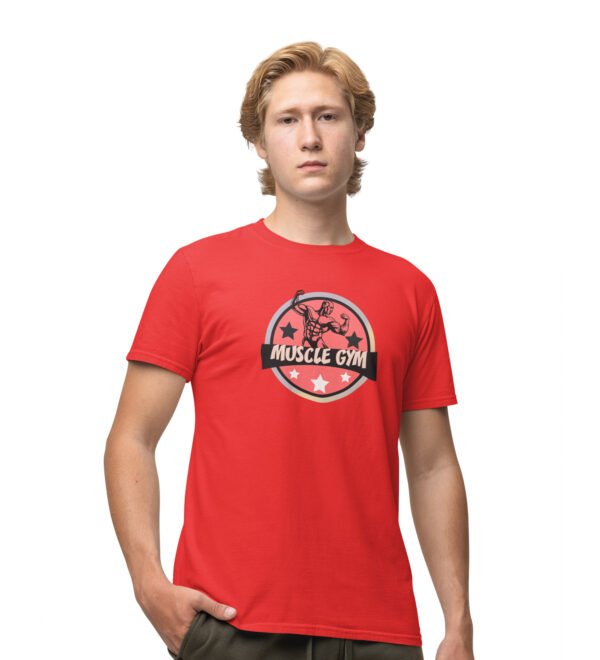 Muscle Gym Red Round Neck Cotton Half Sleeved Men's T-Shirt with Printed Graphics