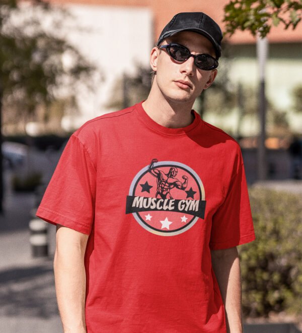Muscle Gym Red Round Neck Cotton Half Sleeved Men's T-Shirt with Printed Graphics - Image 2