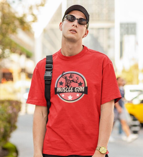 Muscle Gym Red Round Neck Cotton Half Sleeved Men's T-Shirt with Printed Graphics - Image 3