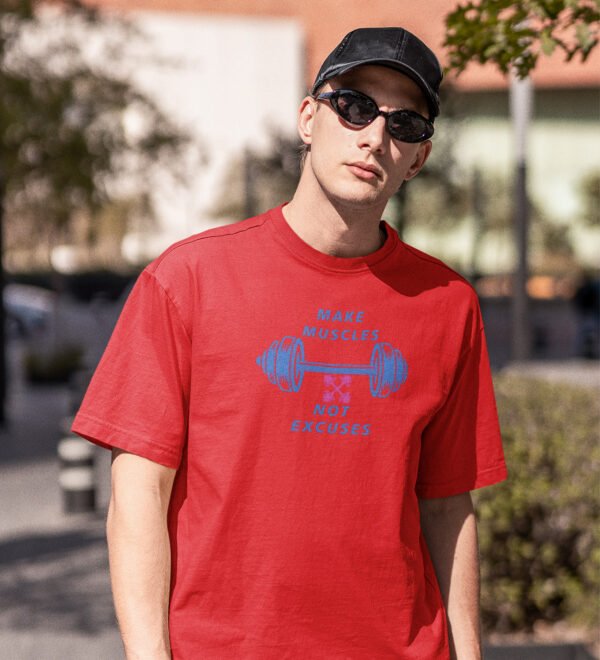 Muscles Not Excuses Red Round Neck Cotton Half Sleeved Men's T-Shirt with Printed Graphics - Image 2