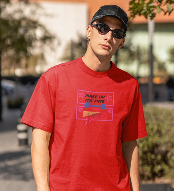 Its Time To Lift Red Round Neck Cotton Half Sleeved Men's T-Shirt with Printed Graphics - Image 3