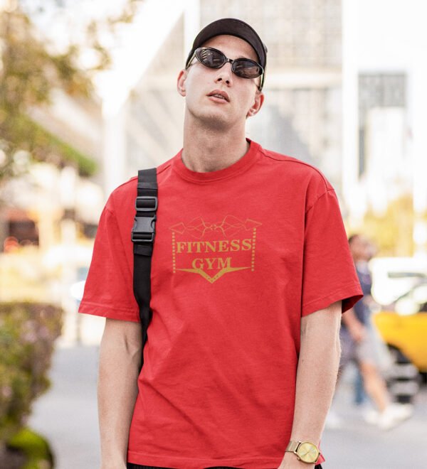 Fitness Gym (BG Golden) Red Round Neck Cotton Half Sleeved Men's T-Shirt with Printed Graphics - Image 3