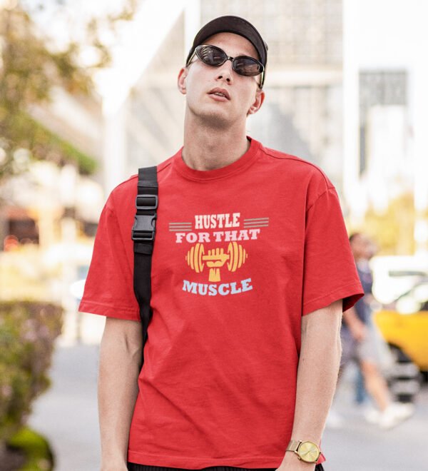 Hustle For That Muscle Red Round Neck Cotton Half Sleeved Men's T-Shirt with Printed Graphics - Image 3