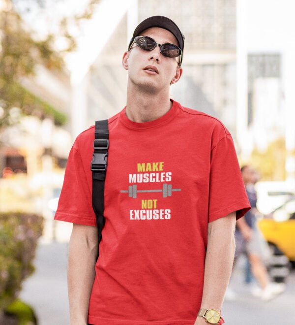 Make Muscles Red Round Neck Cotton Half Sleeved Men's T-Shirt with Printed Graphics - Image 3