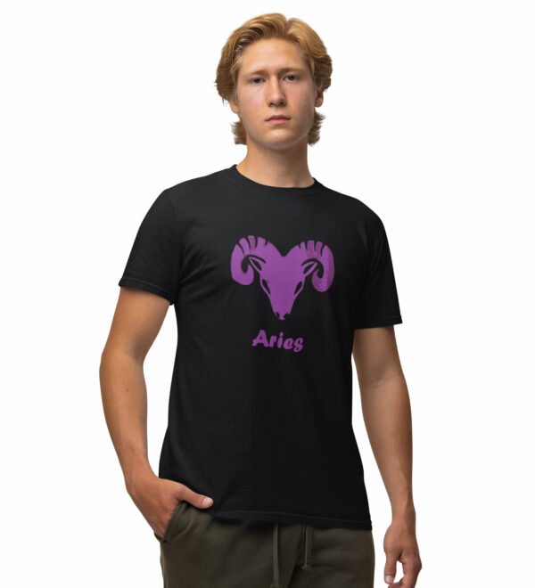 Aries, Ram - Black Round Neck Cotton Half Sleeved T-Shirt with Printed Graphics