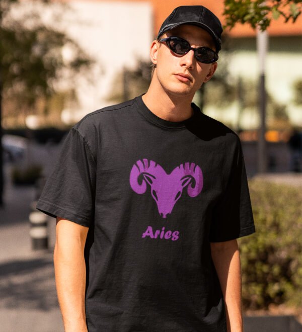 Aries, Ram - Black Round Neck Cotton Half Sleeved T-Shirt with Printed Graphics - Image 2