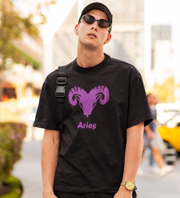 Aries, Ram - Black Round Neck Cotton Half Sleeved T-Shirt with Printed Graphics - Image 3