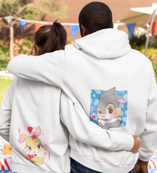 Hoppy Together Printed matching white hoodies for couples, ideal for Valentine's Day. - Image 2