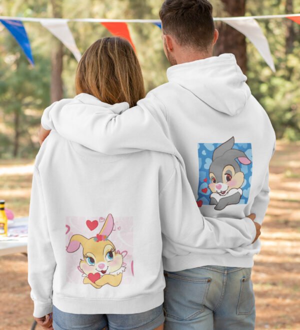 Hoppy Together Printed matching white hoodies for couples, ideal for Valentine's Day. - Image 3