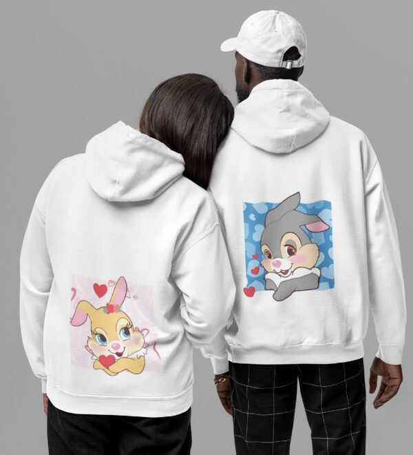 Hoppy Together Printed matching white hoodies for couples, ideal for Valentine's Day. - Image 4