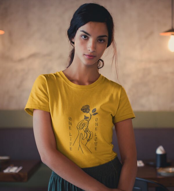 One Life Yellow Round Neck Cotton Half Sleeved Women's T-Shirt with Printed Graphics - Image 2