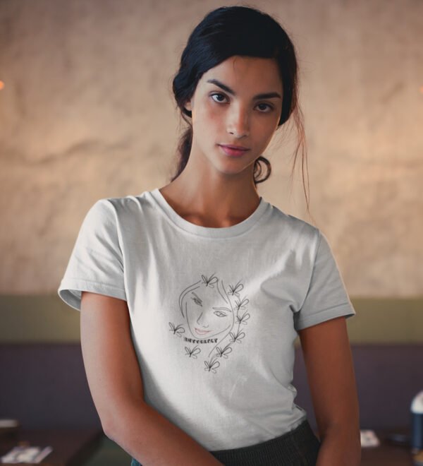 Butterfly White Round Neck Cotton Half Sleeved Women's T-Shirt with Printed Graphics - Image 3